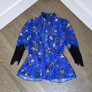 Camilla and Marc Stanwyck Mock Neck Ruffle Peplum Blouse in Floral Peony Print